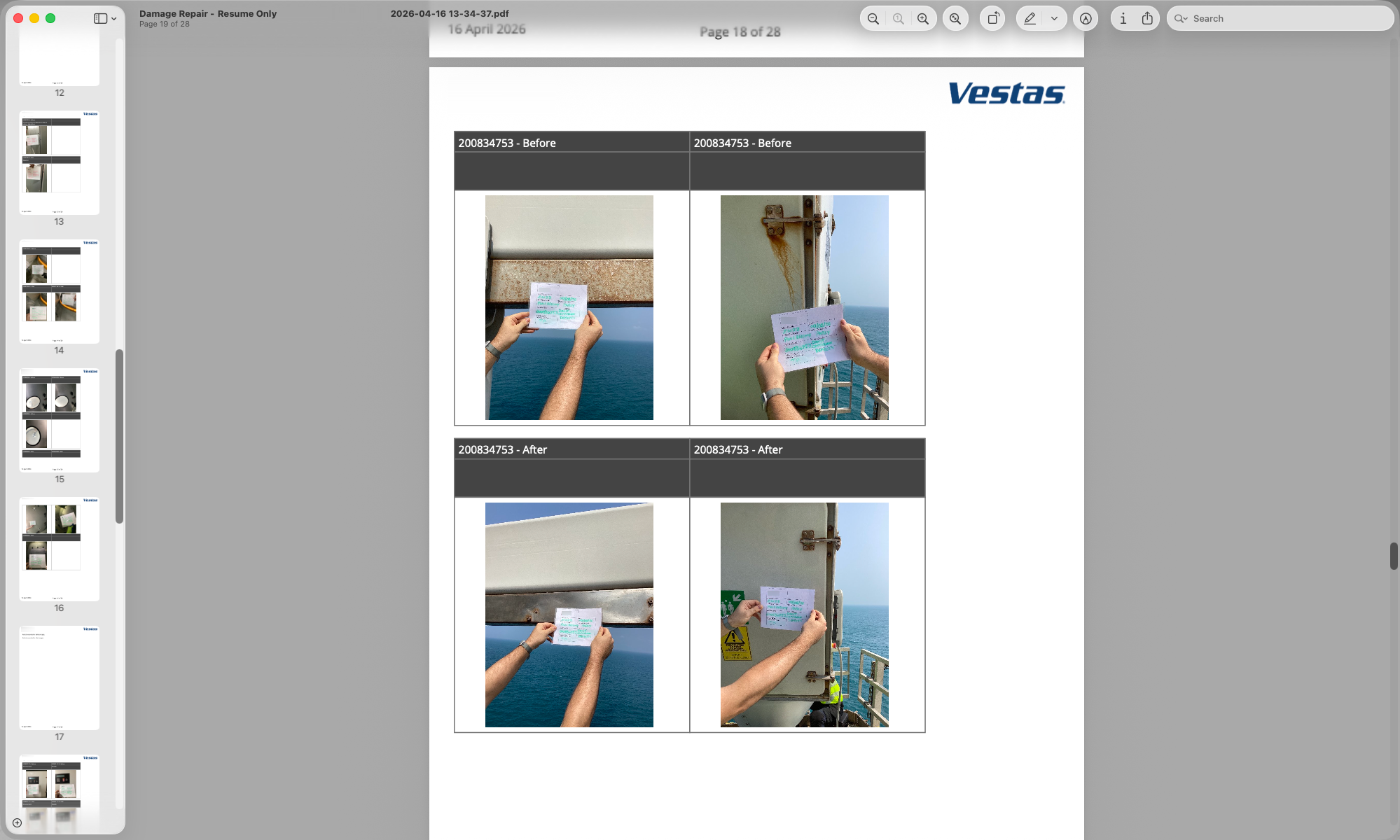 Widok dowodu naprawy przed-i-po w Collabaro &mdash; sparowane fotografie tego samego obszaru łopaty oznaczone GPS i znacznikiem czasu, pokazujące uszkodzoną powierzchnię i ukończoną naprawę, tworzące ciągły łańcuch dowodów od inspekcji do zatwierdzenia