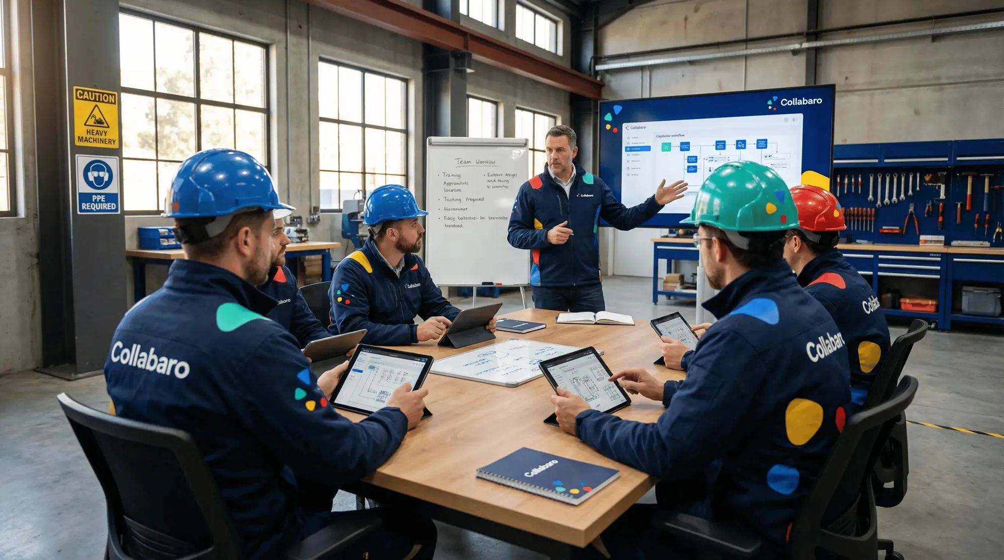 Collabaro Präsenzschulung mit Trainer und Technikern, die mit iPads und Laptops arbeiten