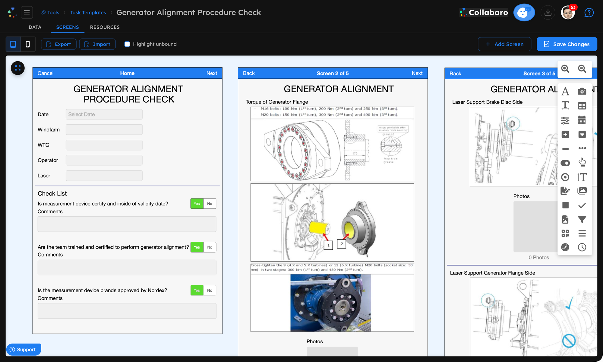 Edytor szablonów SmartTask w Collabaro &mdash; lista kontrolna procedury ustawiania generatora ze strukturyzowanymi ekranami, polami daty i sprzętu, pytaniami zgodności tak/nie oraz obowiązkowymi punktami rejestracji zdjęć