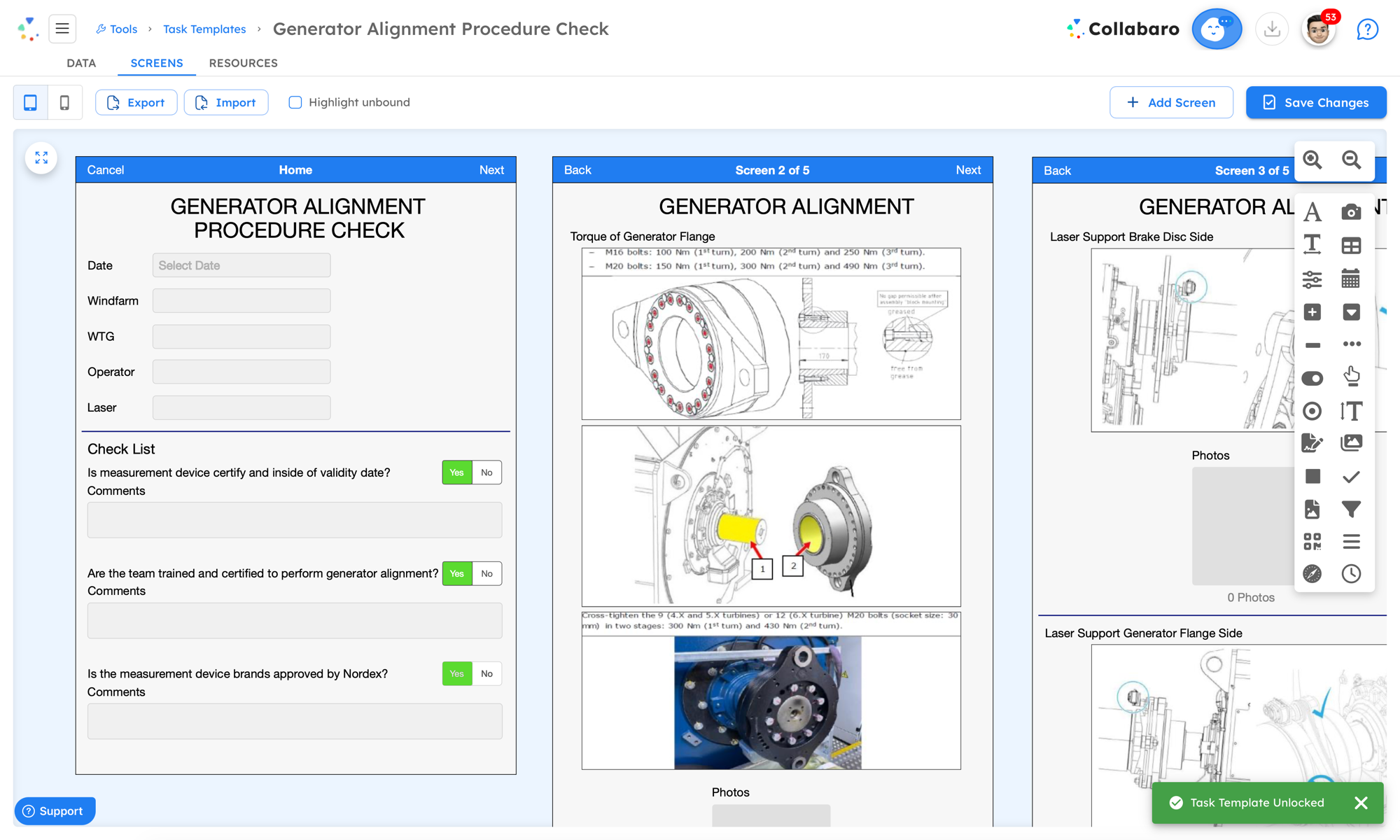 Edytor szablonów SmartTask w Collabaro &mdash; lista kontrolna procedury ustawiania generatora ze strukturyzowanymi ekranami, polami daty i sprzętu, pytaniami zgodności tak/nie oraz obowiązkowymi punktami rejestracji zdjęć