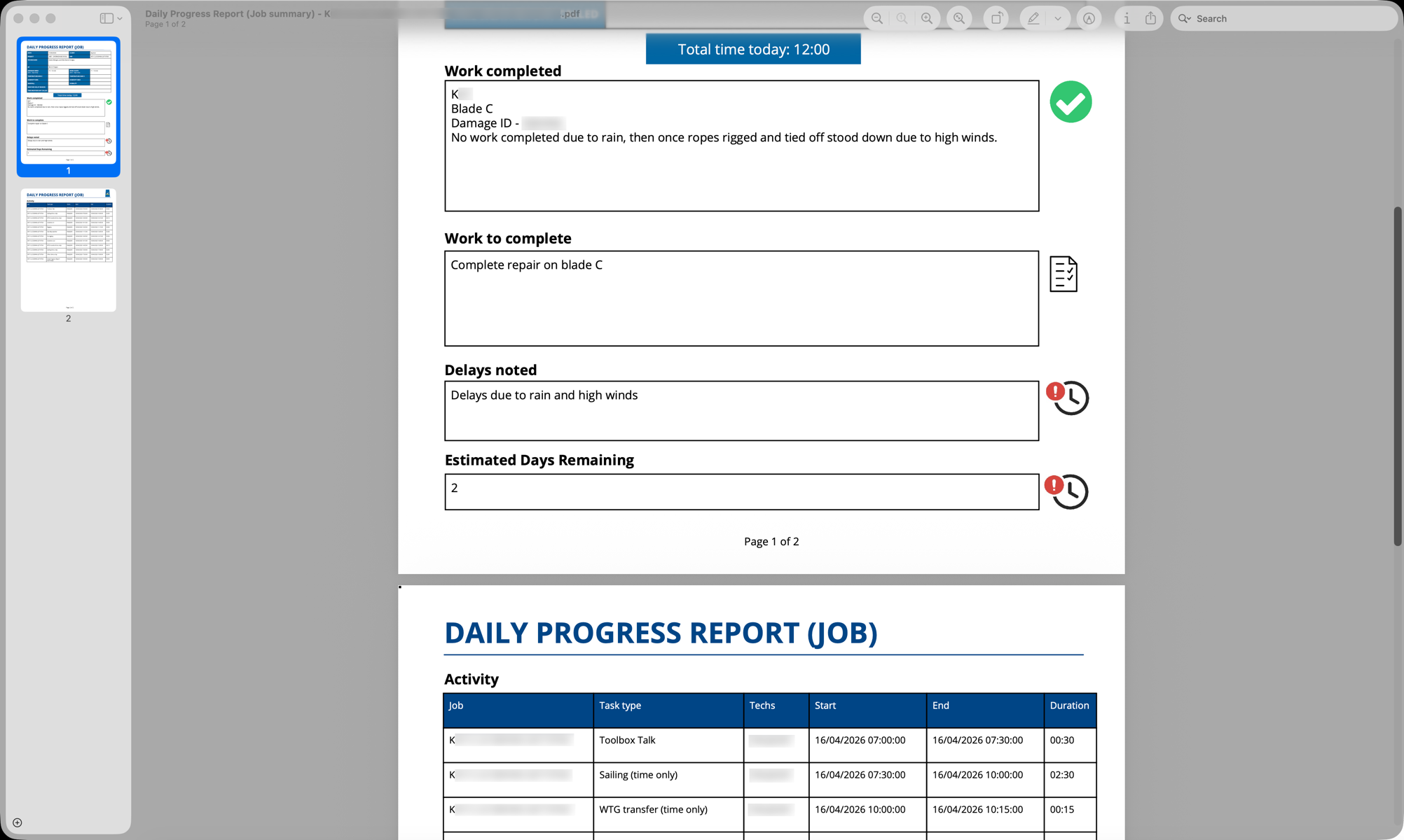 Collabaro Desk Tagesbericht-Ansicht — aktuelle Aufgaben- und Stundenzetteldaten fließen in eine Tagesbericht-Vorlage, einheitlich formatiert über Standorte, Projekte und Kunden hinweg