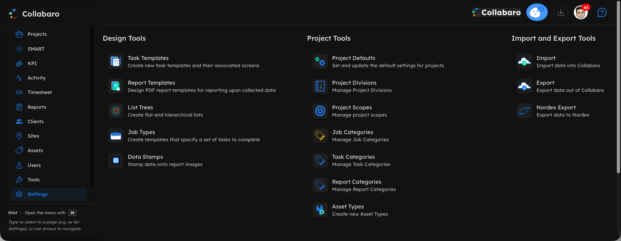 Collabaro Desk web application — Settings page in dark mode showing Design Tools, Project Tools, and Import/Export Tools