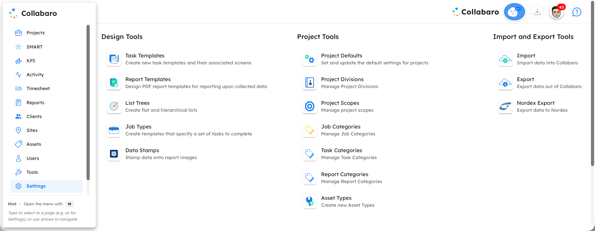 Collabaro Desk web application — Settings page showing Design Tools, Project Tools, and Import/Export Tools