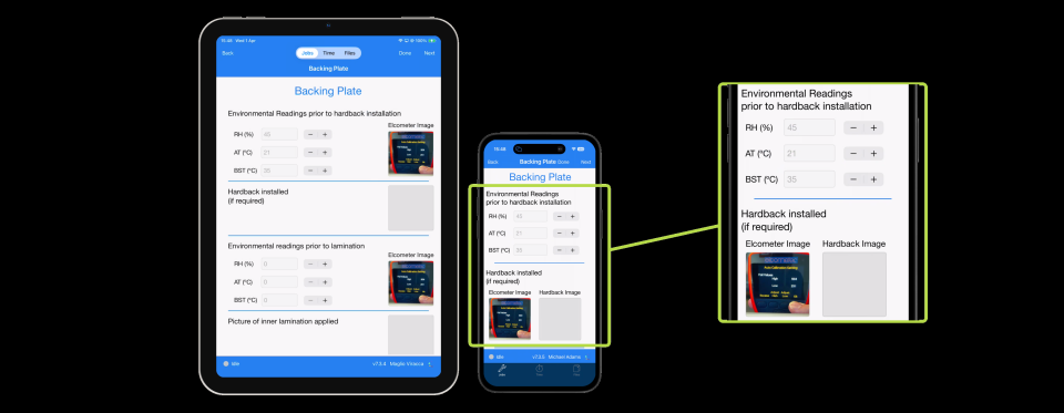 Aplicación móvil Collabaro Field en modo oscuro mostrando el formulario SmartTask de placa de refuerzo en iPad y iPhone con lecturas ambientales y captura de fotografías