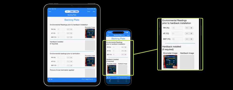 Collabaro Field mobile app in dark mode showing SmartTask backing plate form on iPad and iPhone with environmental readings and photo capture