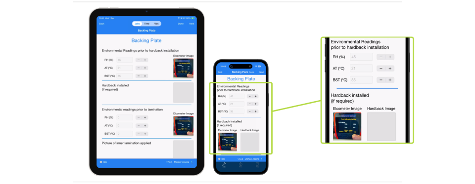 Aplicación móvil Collabaro Field mostrando el formulario SmartTask de placa de refuerzo en iPad y iPhone con lecturas ambientales y captura de fotografías
