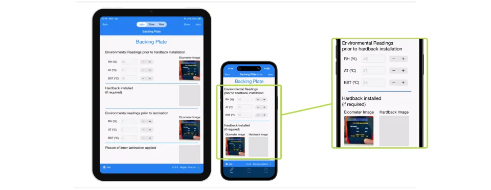 Collabaro Field mobile app showing SmartTask backing plate form on iPad and iPhone with environmental readings and photo capture