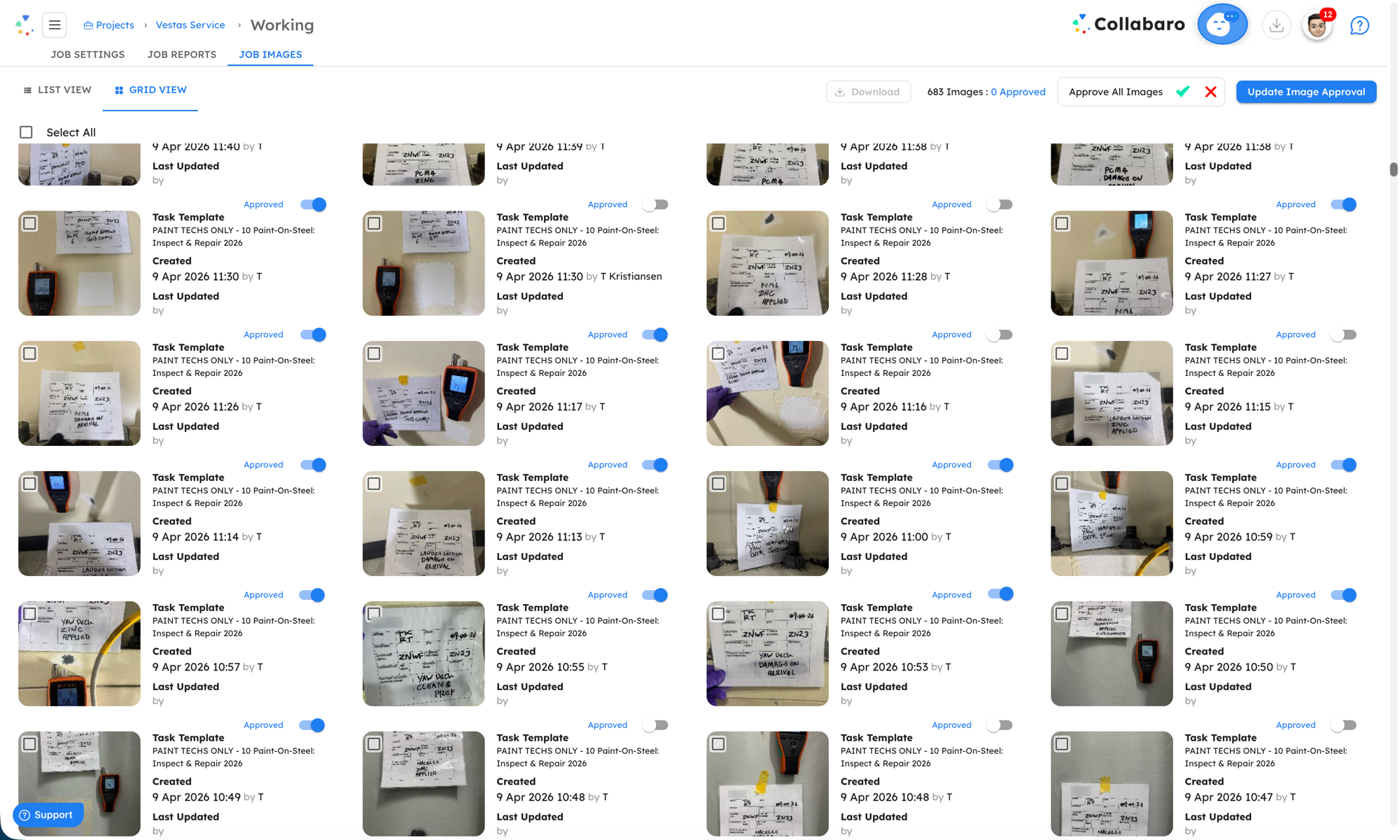 Collabaro Desk Bildfreigabe-Ansicht — der technische Leiter prüft Fotos aus dem Feld und genehmigt oder lehnt diese für die jeweilige Aufgabe ab