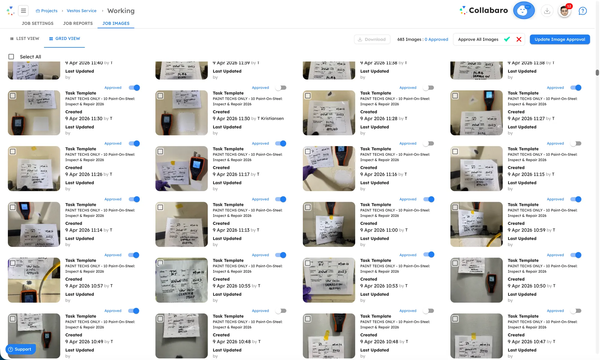 Collabaro Desk Bildfreigabe-Ansicht — der technische Leiter prüft Fotos aus dem Feld und genehmigt oder lehnt diese für die jeweilige Aufgabe ab
