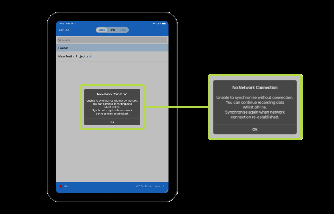 Collabaro Field auf iPad mit Dialog 'Keine Netzwerkverbindung' im Dunkelmodus — der Offline-Modus ermöglicht Technikern das Erfassen von Daten ohne Internet