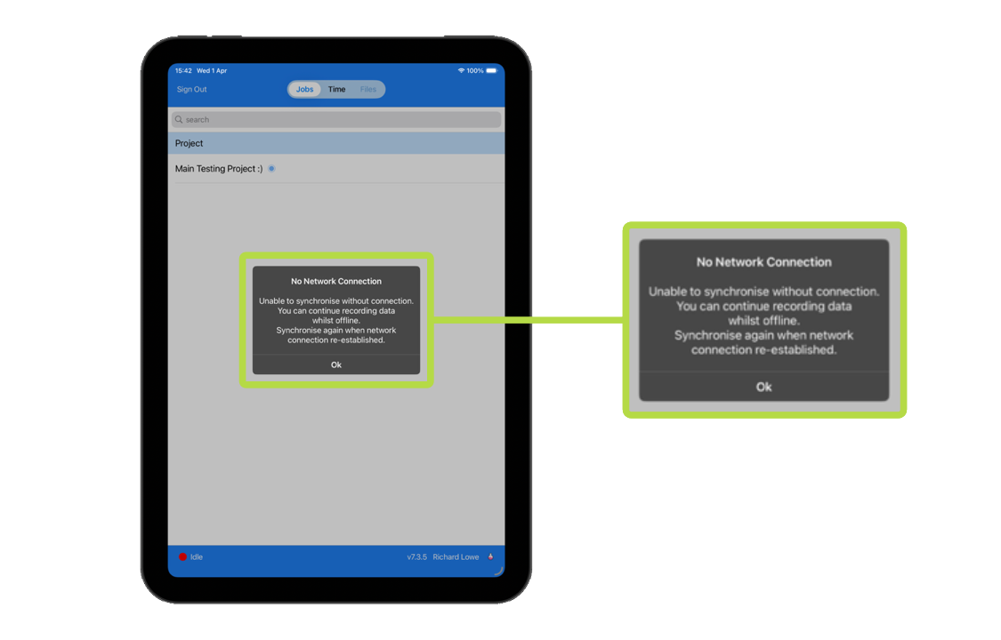 Collabaro Field auf iPad mit Dialog 'Keine Netzwerkverbindung' — der Offline-Modus ermöglicht Technikern das Erfassen von Daten ohne Internet