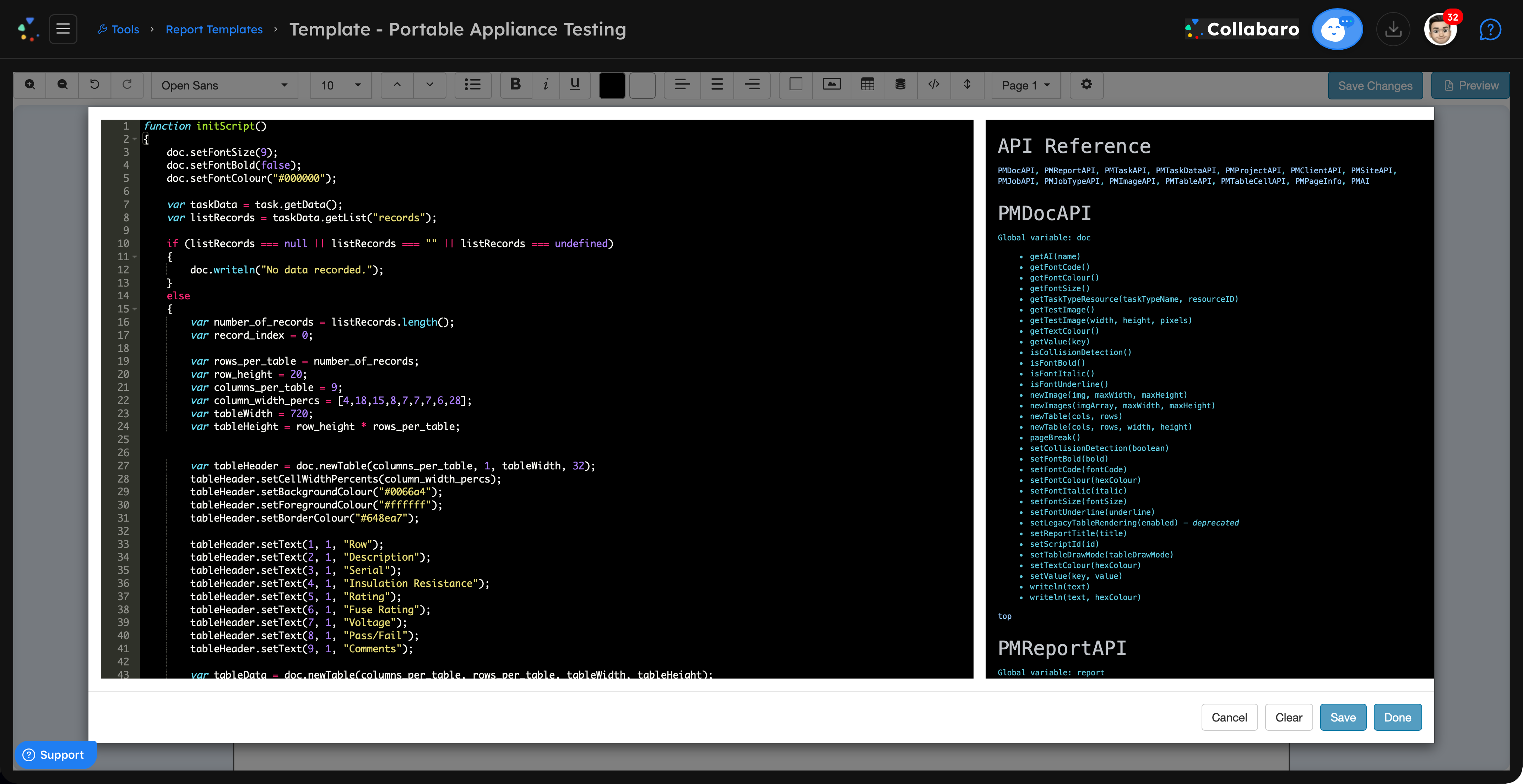 Collabaro Report Designer scripting window — dark mode