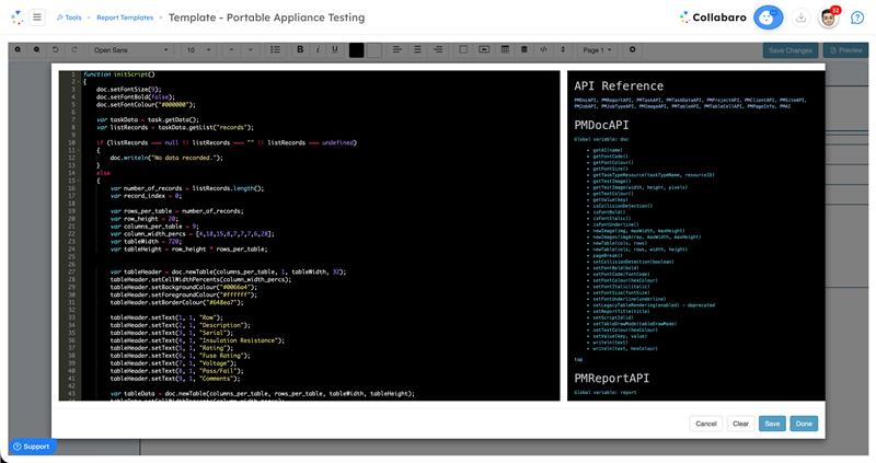 Collabaro Report Designer scripting window — light mode