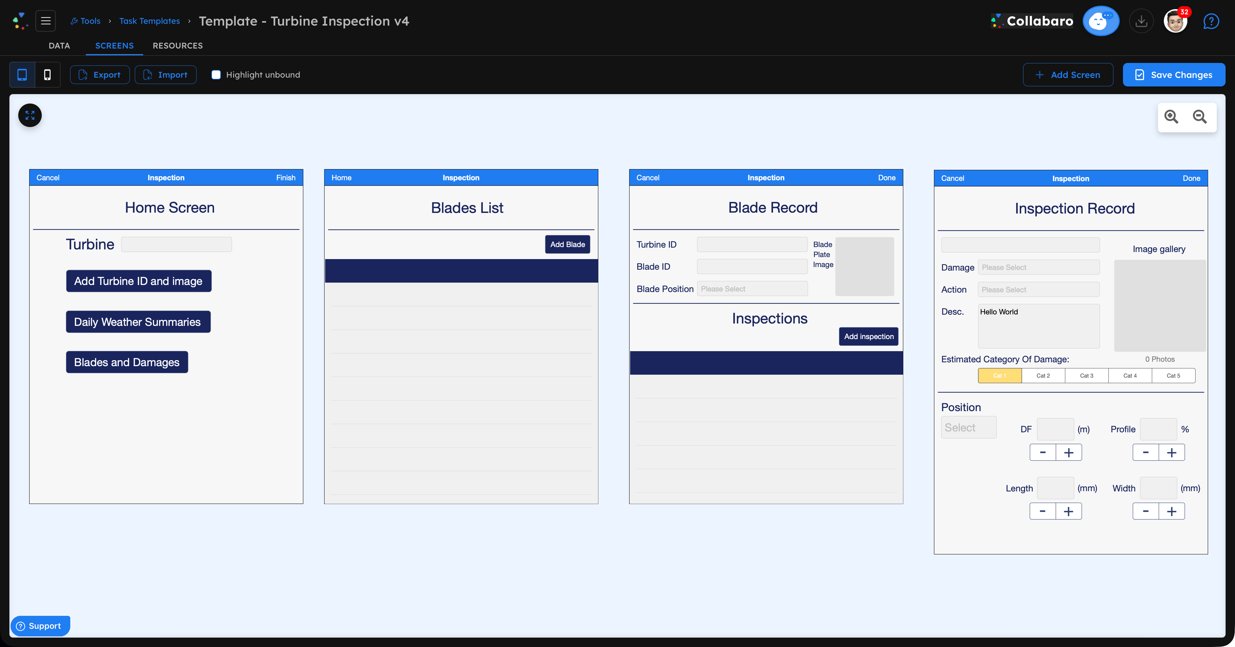 Collabaro Desk Task Designer WYSIWYG editor — dark mode