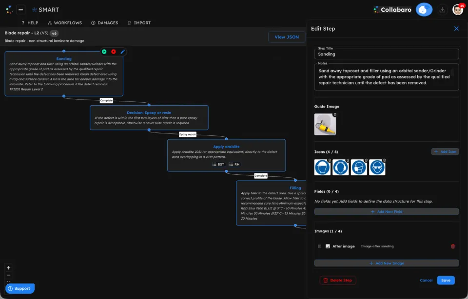 Diseñador de flujos SmartTask en Collabaro mostrando una secuencia de reparación multipaso con ramificación condicional, imágenes de guía, campos de captura de datos, puntos fotográficos obligatorios y compuertas de firma entre etapas