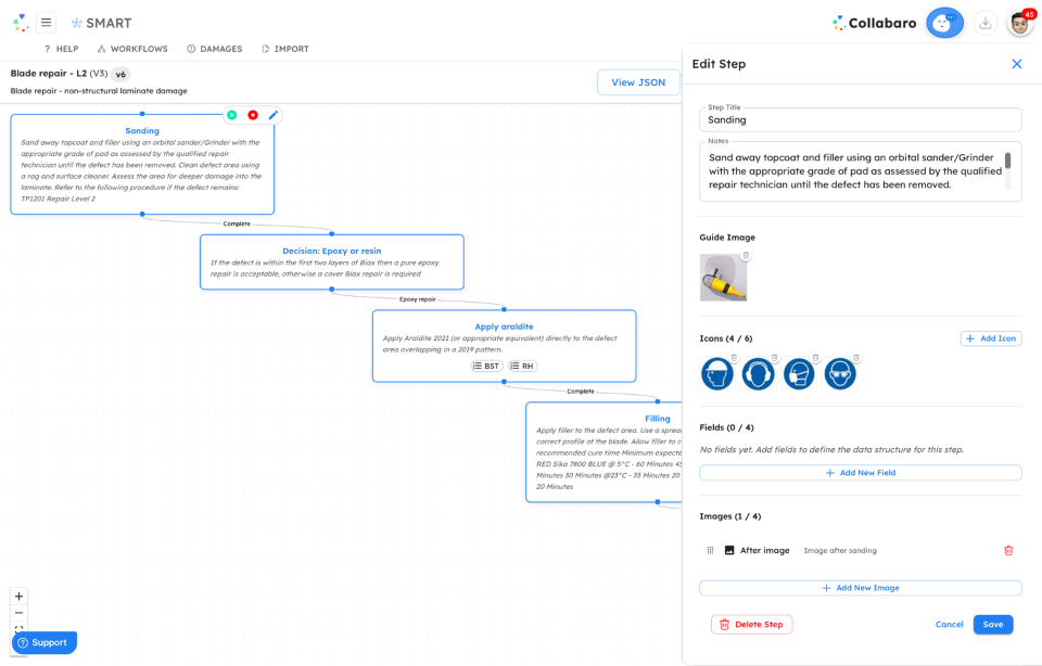 SmartTask Workflow-Designer mit Bearbeitungsfenster für Schleifschritt-Konfiguration, Anleitungsbild, Symbolen, Feldern und Bilderfassung