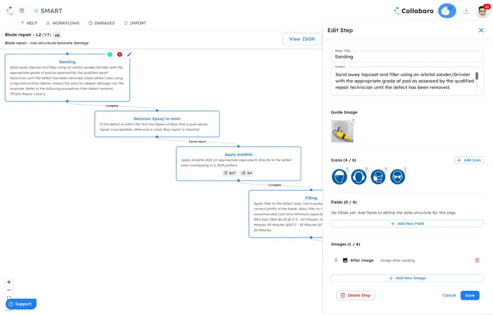 Diseñador de flujos SmartTask en Collabaro mostrando una secuencia de reparación multipaso con ramificación condicional, imágenes de guía, campos de captura de datos, puntos fotográficos obligatorios y compuertas de firma entre etapas