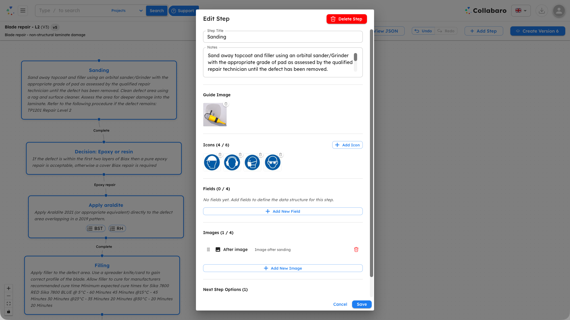 SmartTask™ Task Designer — editing a guided blade repair workflow with step notes, safety icons, guide images, and field inputs