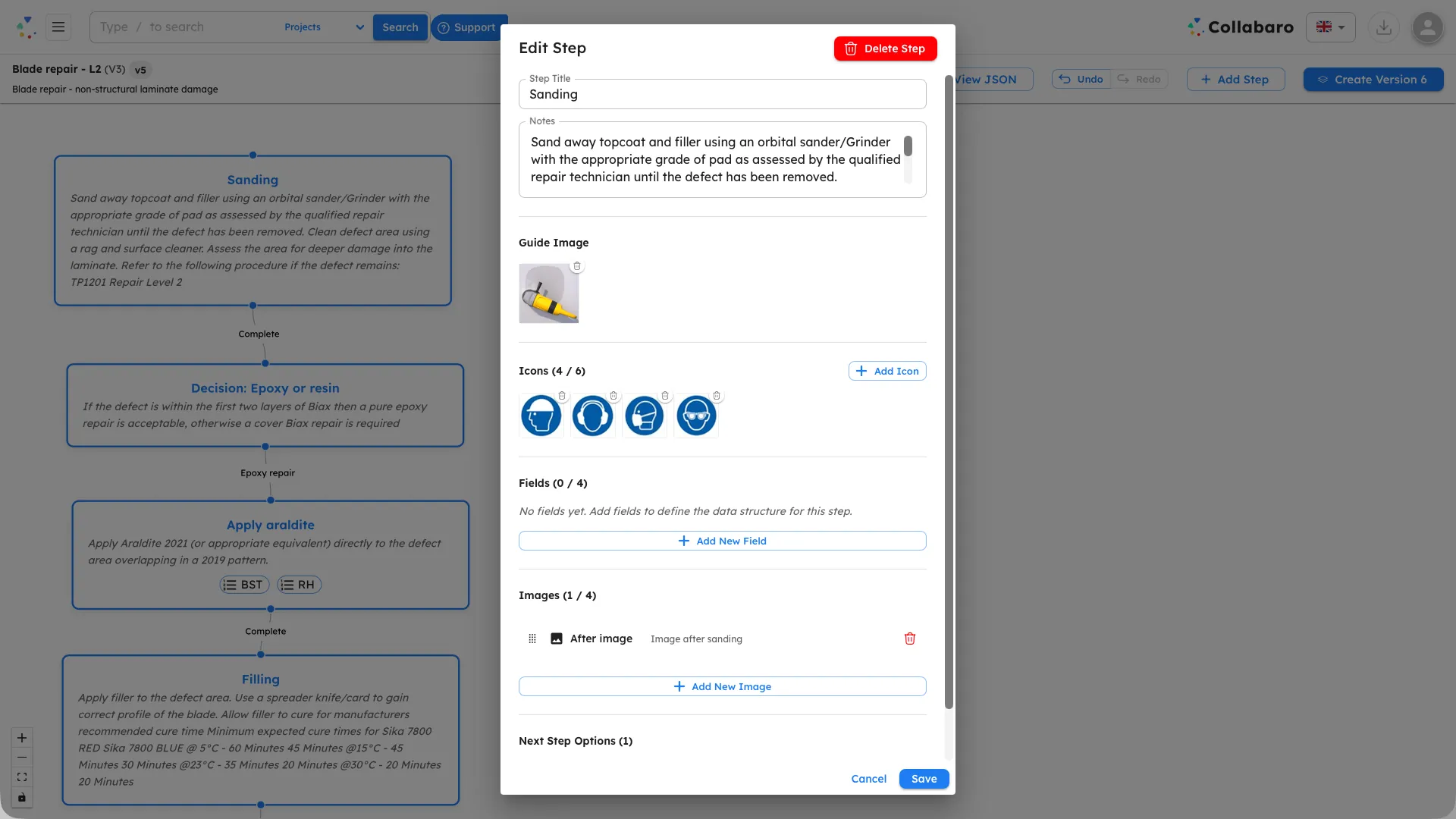 SmartTask™ Task Designer — editing a guided blade repair workflow with step notes, safety icons, guide images, and field inputs