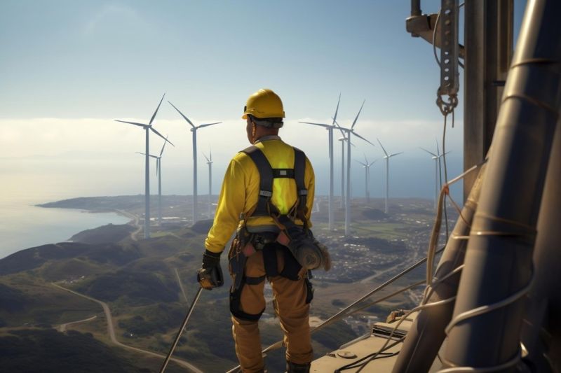 A wind turbine technician in full harness and PPE looking out from height over a coastal wind farm