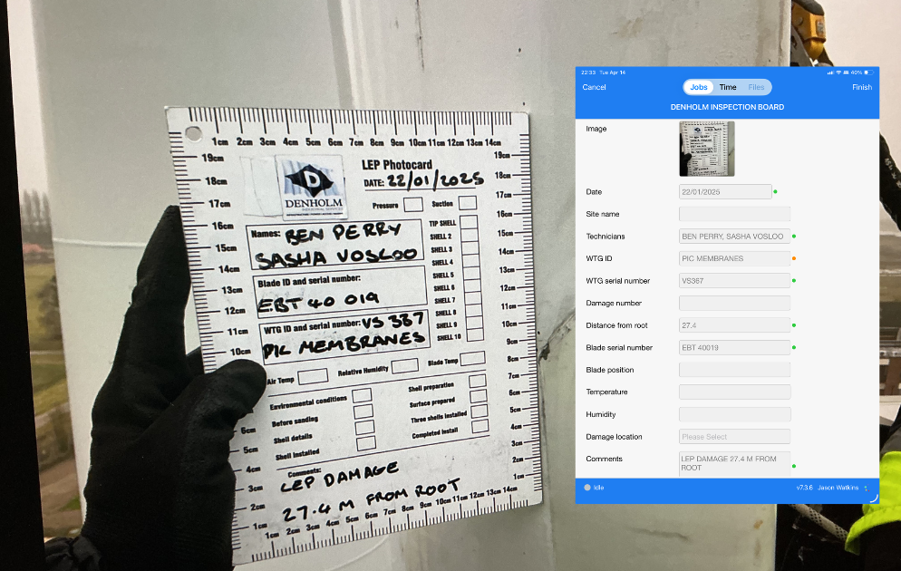 BLADE™ in action — a technician holds a completed Denholm paper inspection board against a wind turbine blade on the left, while Collabaro Field on the right shows every field extracted automatically with green and amber confidence indicators