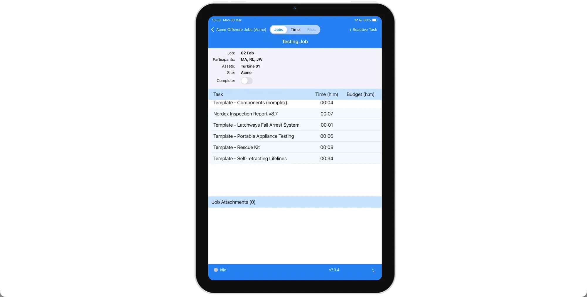 Collabaro Field App zeigt die tägliche Aufgabenliste eines Technikers mit priorisierten Aufträgen zur Rotorblatt-Inspektion und -Reparatur