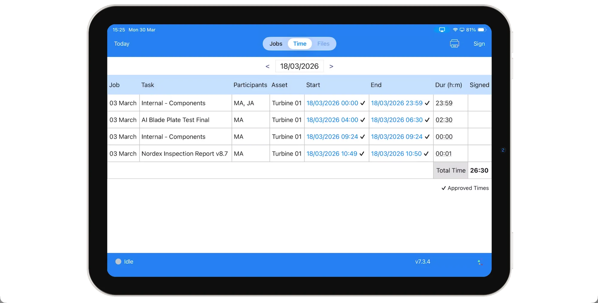 Collabaro Field App zeigt GPS-geprüfte Zeiterfassung mit Ein-Tipp-Anmeldung und automatischem Standortstempel