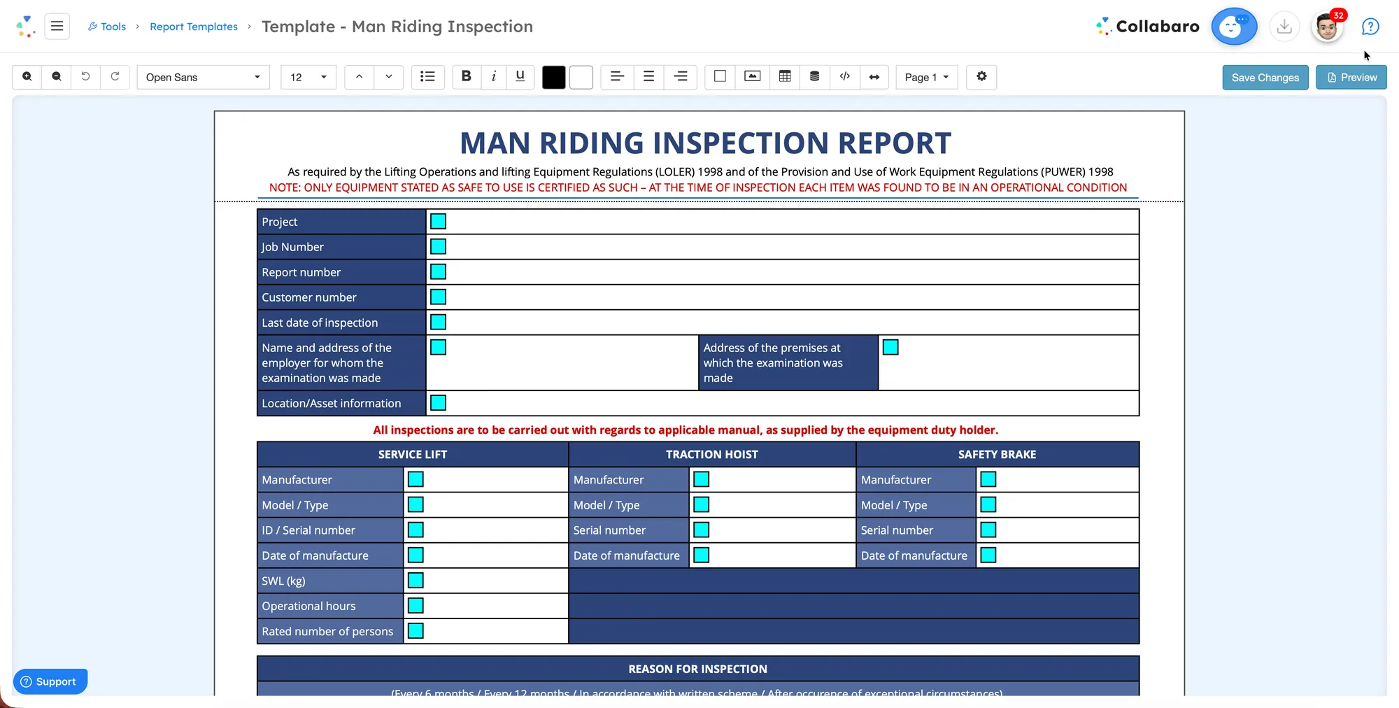 Berichts-Designer in Collabaro Desk mit einer Vorlage für einen Man-Riding-Inspektionsbericht, LOLER-Compliance-Feldern und Drag-and-Drop-Layout