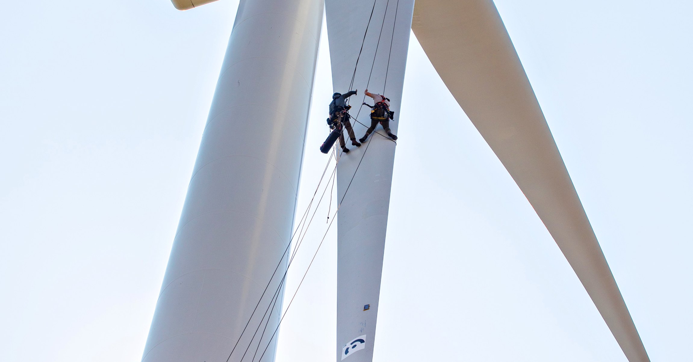 Dois técnicos de acesso por corda suspensos em cordas junto a uma pá de turbina eólica, a trabalhar em altura com a torre e uma segunda pá atrás deles